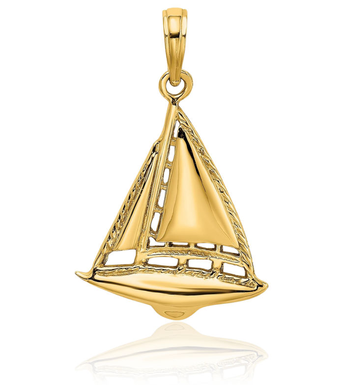 14K Solid Yellow Gold Sailboat Necklace Chain Pendant Charm