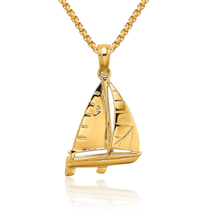 14K Solid Yellow Gold Sailboat Necklace Chain Pendant Charm