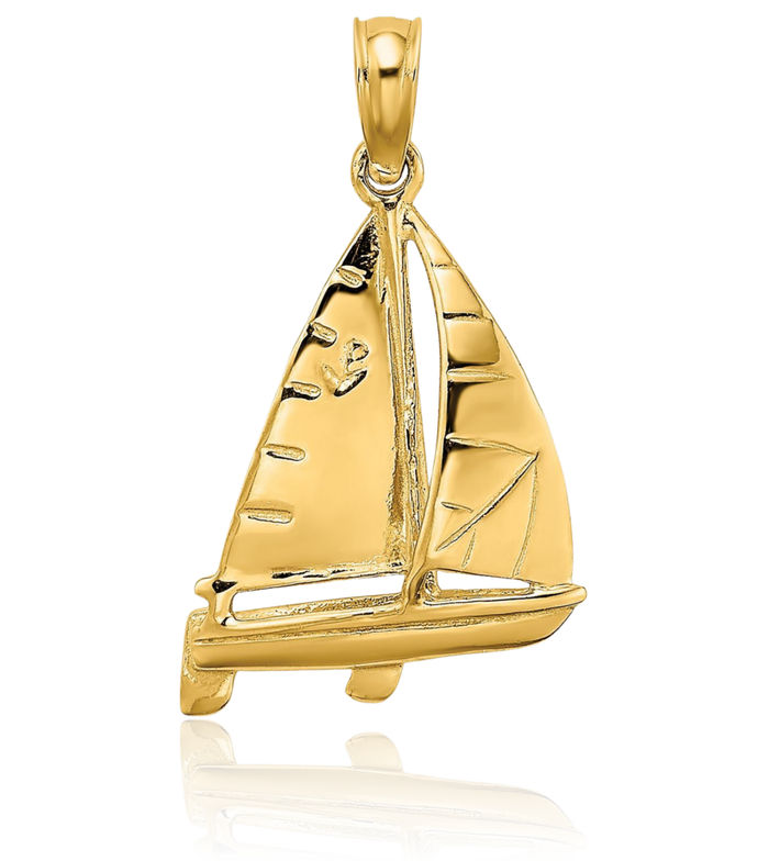 14K Solid Yellow Gold Sailboat Necklace Chain Pendant Charm