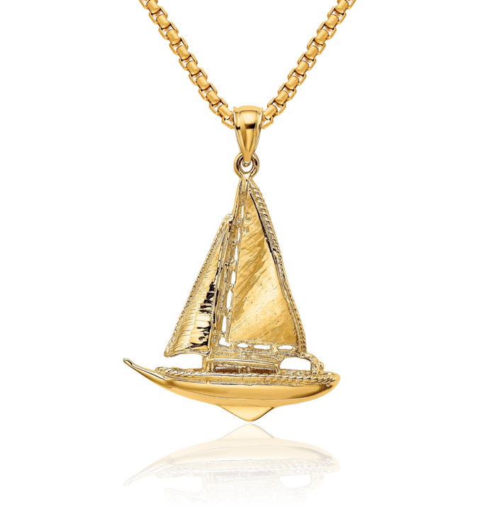 14K Solid Yellow Gold Sailboat Necklace Chain Pendant Charm