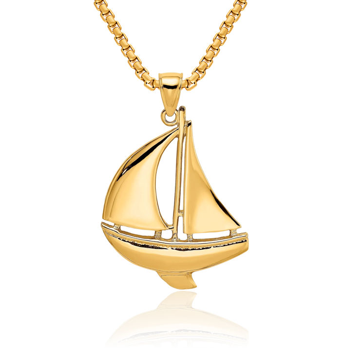 14K Solid Yellow Gold Sailboat Necklace Chain Pendant Charm