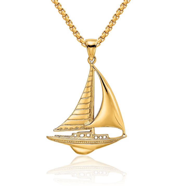 14K Solid Yellow Gold Sailboat Necklace Chain Pendant Charm