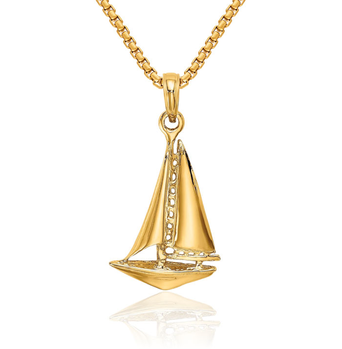 14K Solid Yellow Gold Sailboat Necklace Chain Pendant Charm