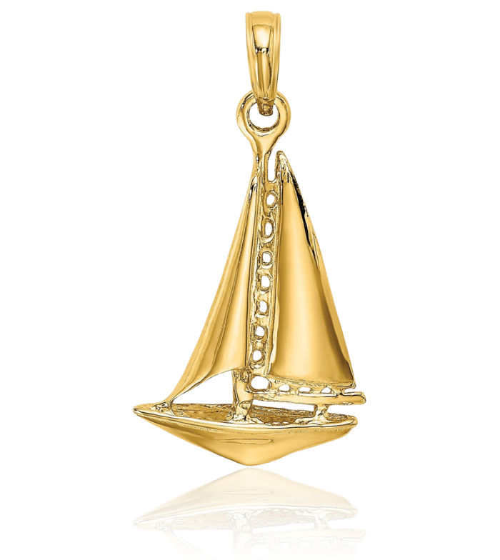 14K Solid Yellow Gold Sailboat Necklace Chain Pendant Charm