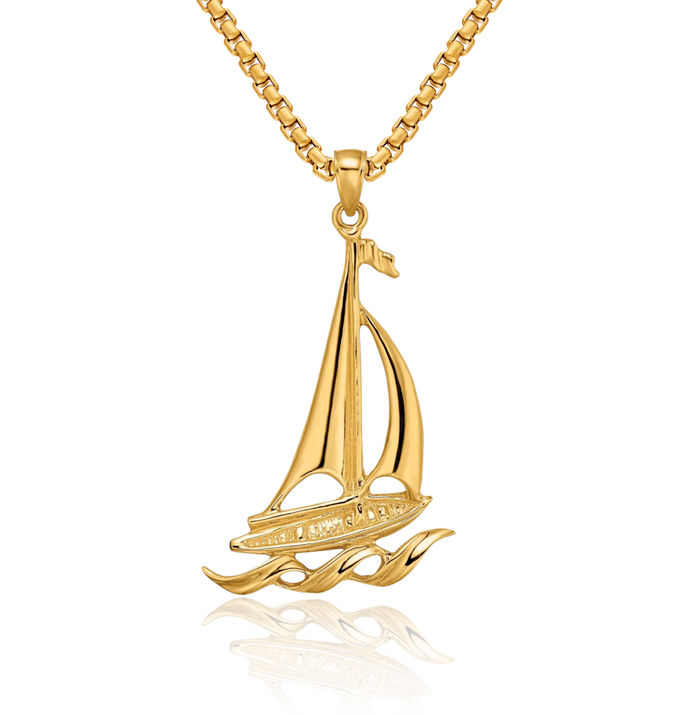 14K Solid Yellow Gold Sailboat Waves Necklace Chain Pendant Charm