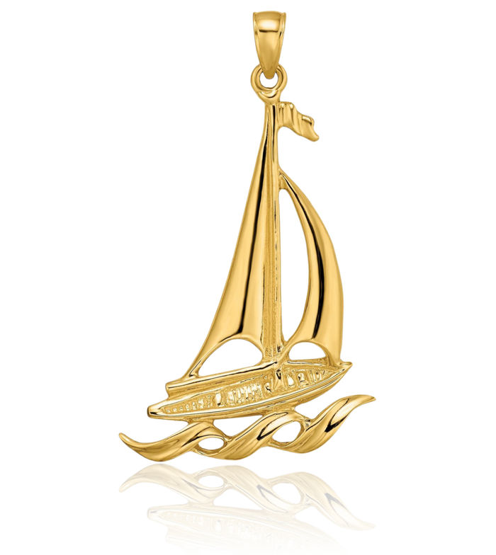 14K Solid Yellow Gold Sailboat Waves Necklace Chain Pendant Charm