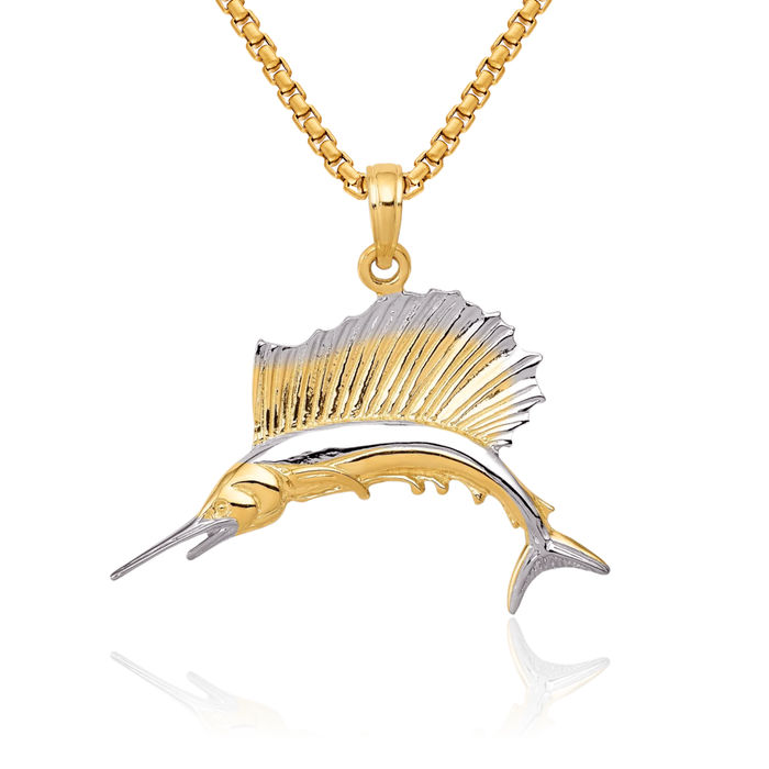 14K Solid Yellow Gold Sailfish Necklace Chain Pendant Charm