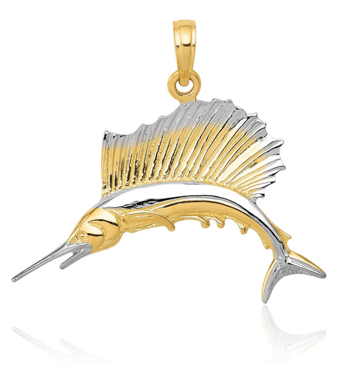 14K Solid Yellow Gold Sailfish Necklace Chain Pendant Charm