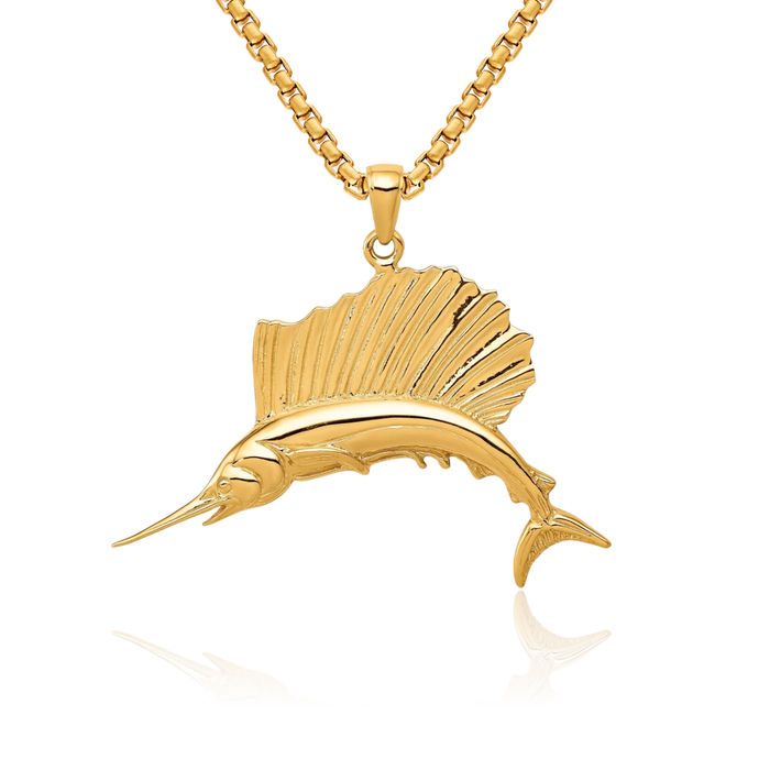 14K Solid Yellow Gold Sailfish Necklace Chain Pendant Charm