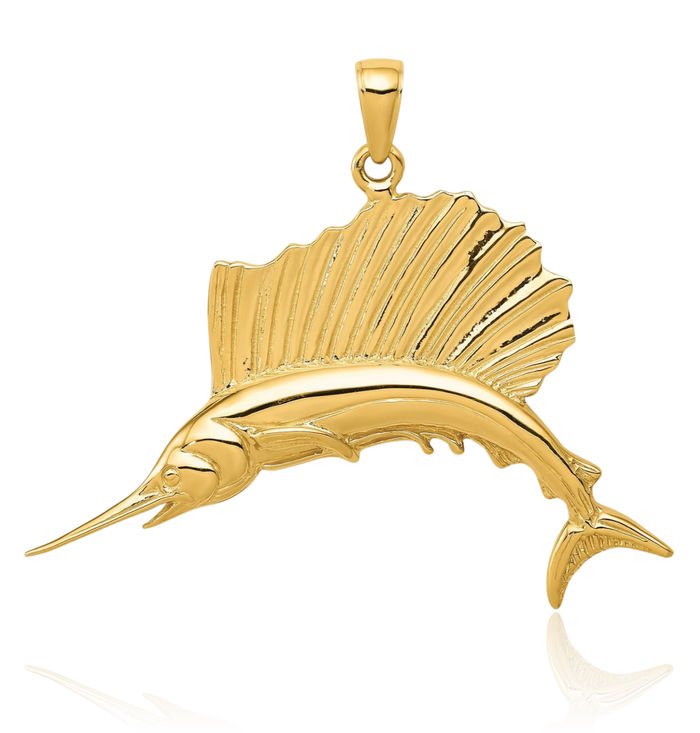 14K Solid Yellow Gold Sailfish Necklace Chain Pendant Charm