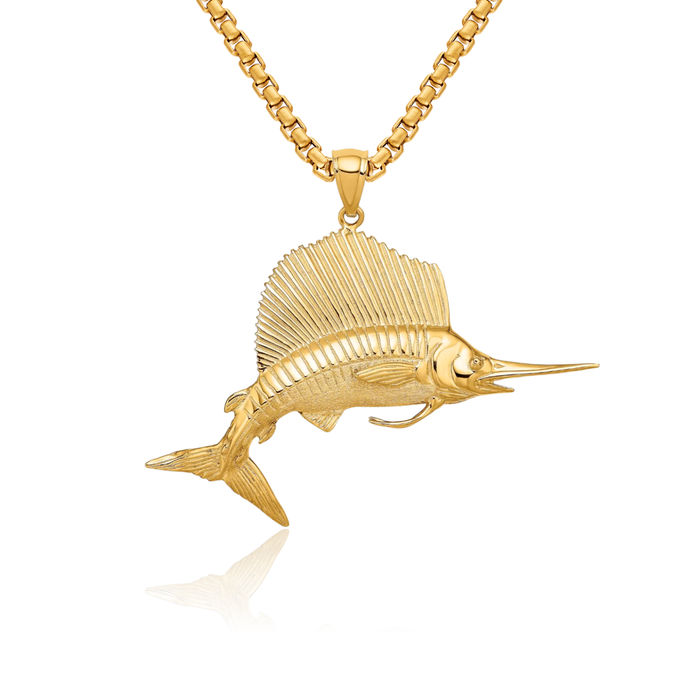 14K Solid Yellow Gold Sailfish Necklace Chain Pendant Charm