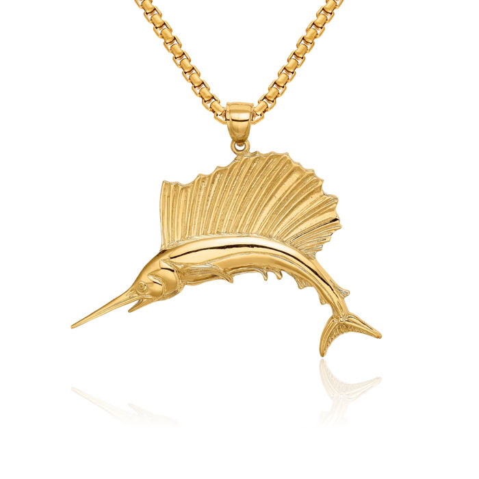 14K Solid Yellow Gold Sailfish Necklace Chain Pendant Charm