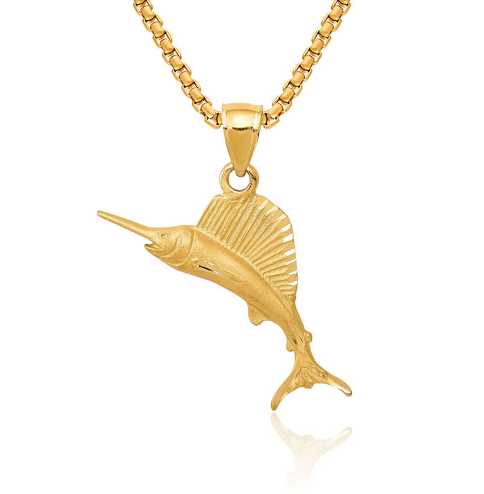 14K Solid Yellow Gold Sailfish Necklace Chain Pendant Charm