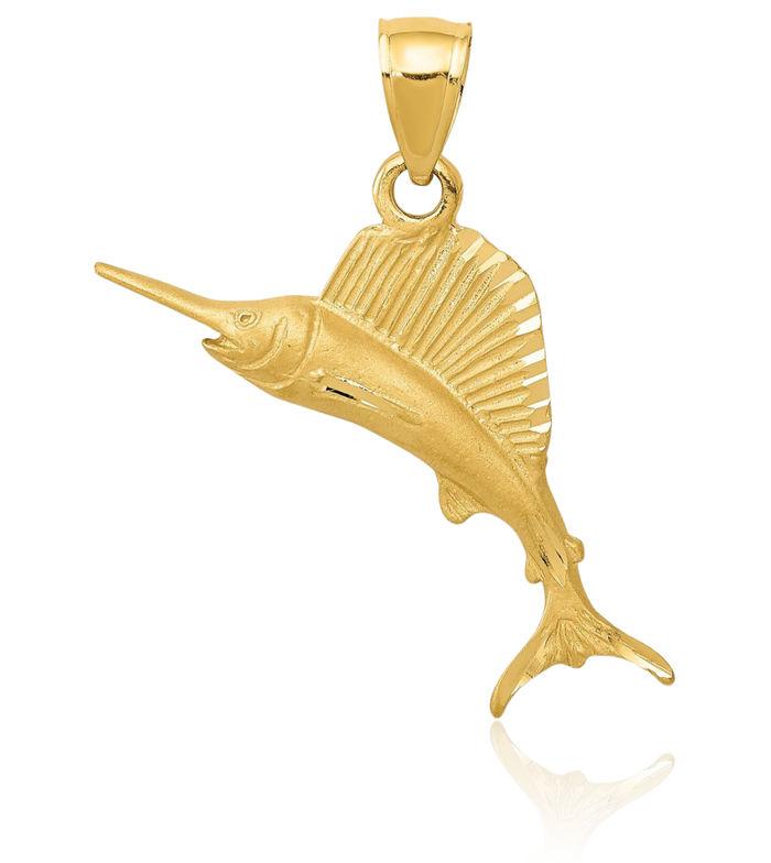 14K Solid Yellow Gold Sailfish Necklace Chain Pendant Charm