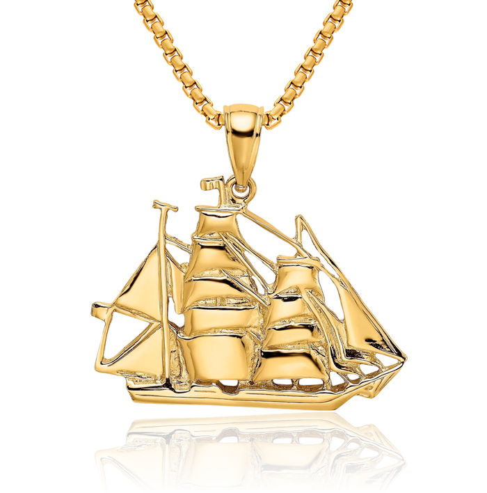 14K Solid Yellow Gold Sailing Ship Necklace Chain Pendant Charm