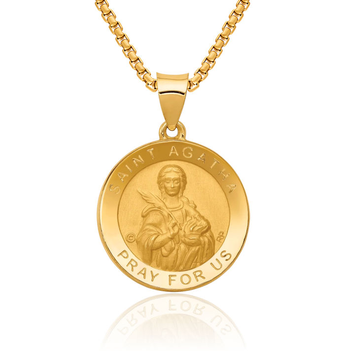 14K Solid Yellow Gold Saint Agatha Medal Necklace Chain Pendant Charm