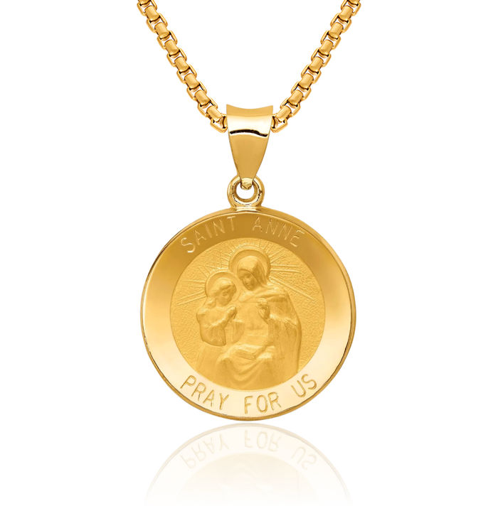 14K Solid Yellow Gold Saint Anne Medal Necklace Chain Pendant Charm