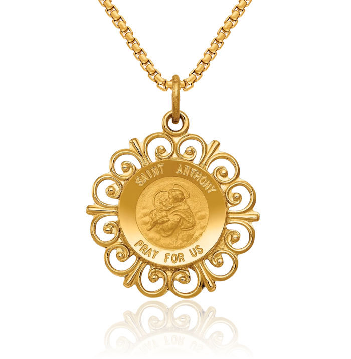 14K Solid Yellow Gold Saint Anthony Medal Necklace Chain Pendant Charm