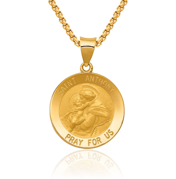 14K Solid Yellow Gold Saint Anthony Medal Necklace Chain Pendant Charm