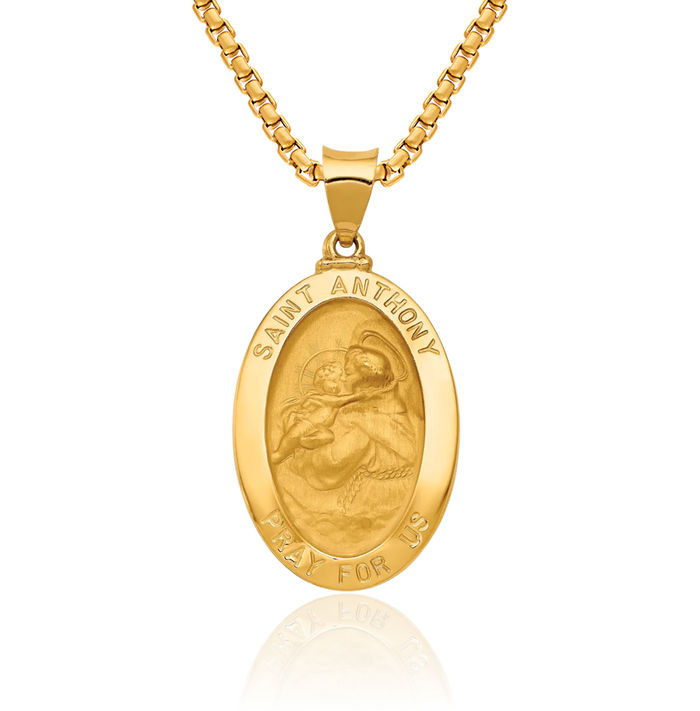 14K Solid Yellow Gold Saint Anthony Medal Necklace Chain Pendant Charm