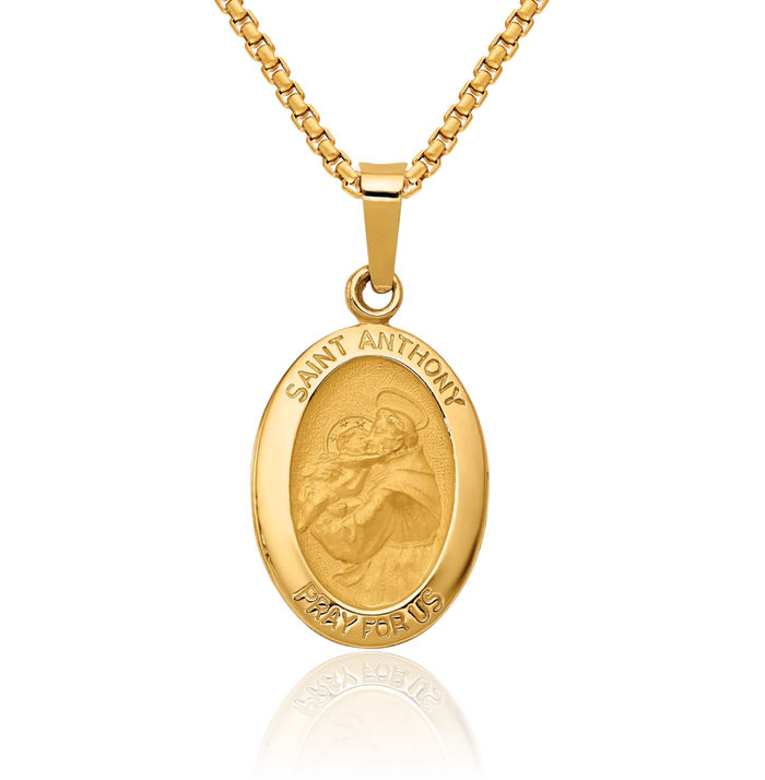 14K Solid Yellow Gold Saint Anthony Medal Necklace Chain Pendant Charm