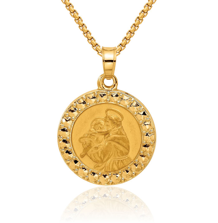 14K Solid Yellow Gold Saint Anthony Medal Necklace Chain Pendant Charm