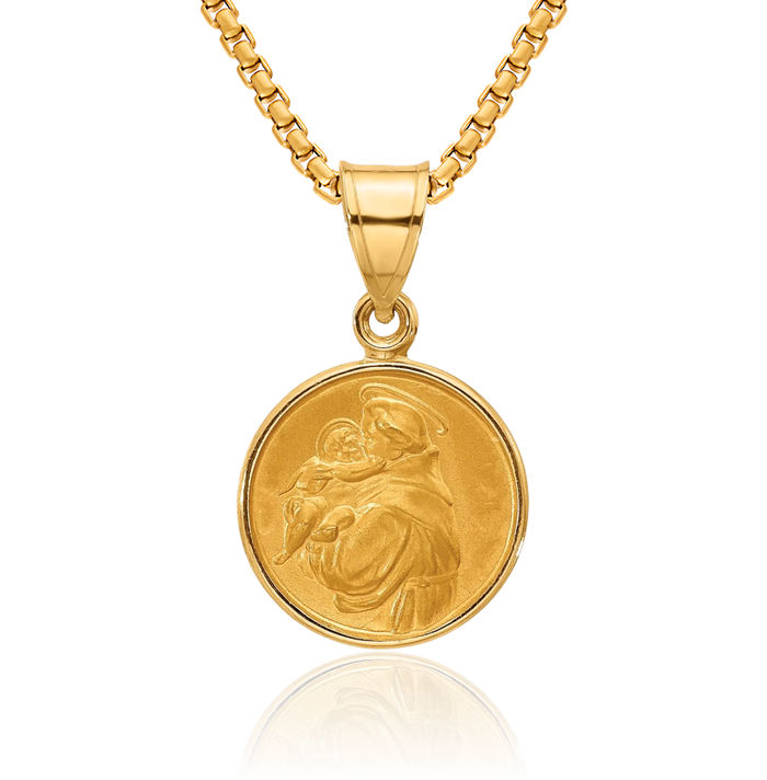 14K Solid Yellow Gold Saint Anthony Medal Necklace Chain Pendant Charm