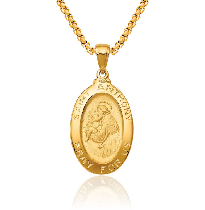 14K Solid Yellow Gold Saint Anthony Oval Medal Necklace Chain Pendant Charm