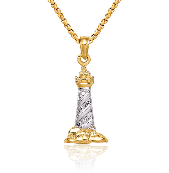 14K Solid Yellow Gold Saint Augustine Lighthouse Necklace Chain Pendant Charm August Birthstone Jewelry