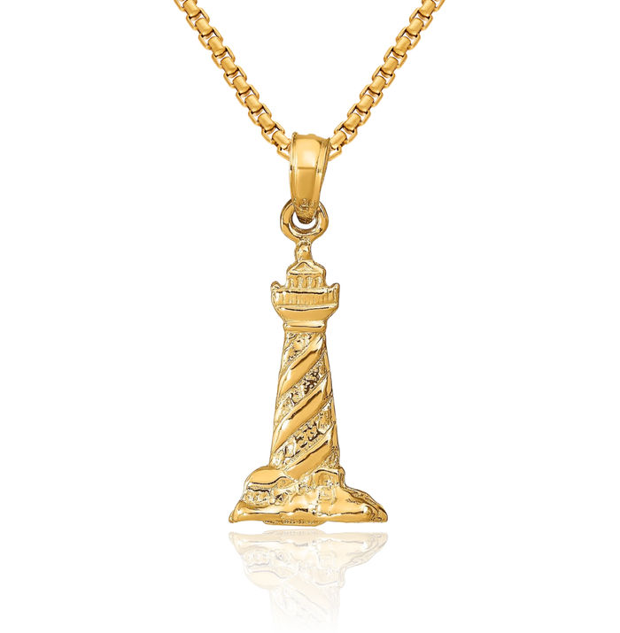 14K Solid Yellow Gold Saint Augustine Lighthouse Necklace Chain Pendant Charm August Birthstone Jewelry