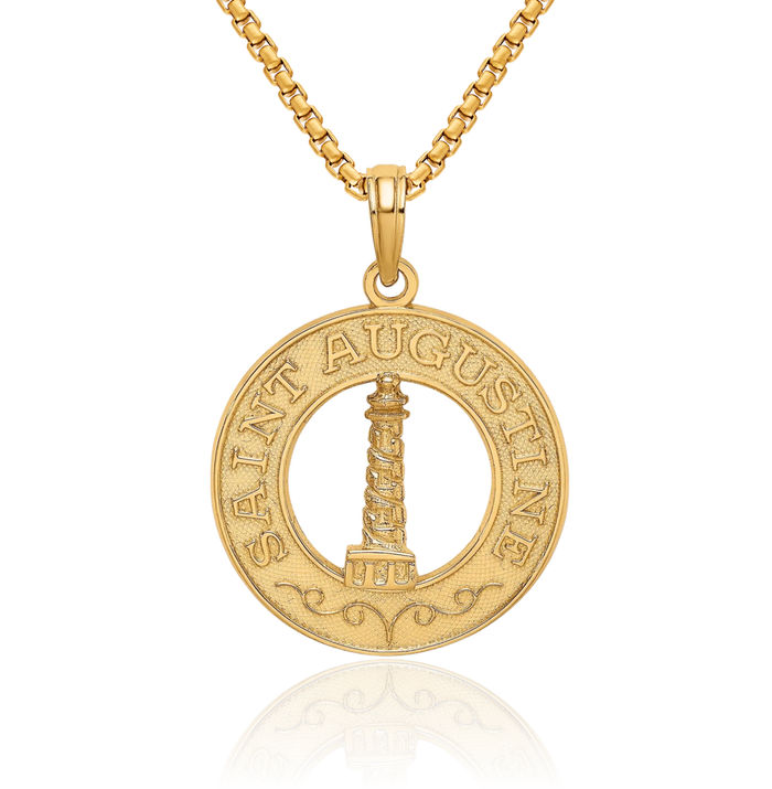 14K Solid Yellow Gold Saint Augustine Lighthouse Circle Round Necklace Chain Pendant Charm August Birthstone Jewelry