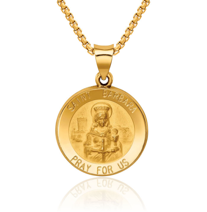 14K Solid Yellow Gold Saint Barbara Medal Necklace Chain Pendant Charm