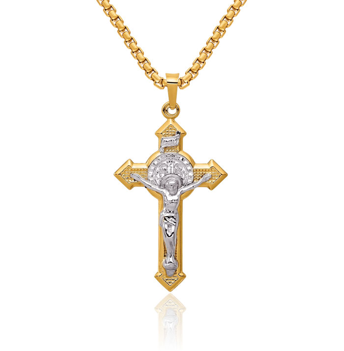 14K Solid Yellow Gold Saint Benedict Medal Inri Lord Jesus Christ Crucifix Holy Cross Necklace Religious Chain Pendant Charm