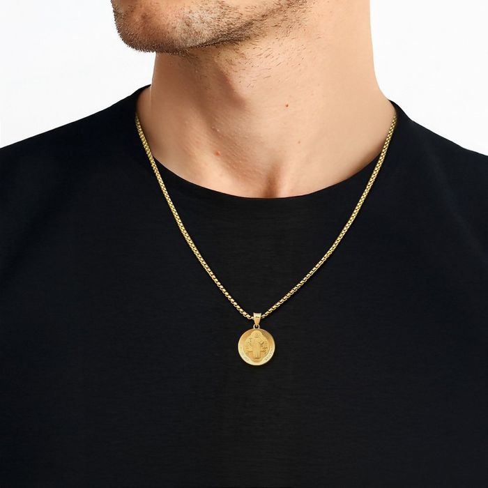 14K Solid Yellow Gold Saint Benedict Medal Necklace Chain Pendant Charm