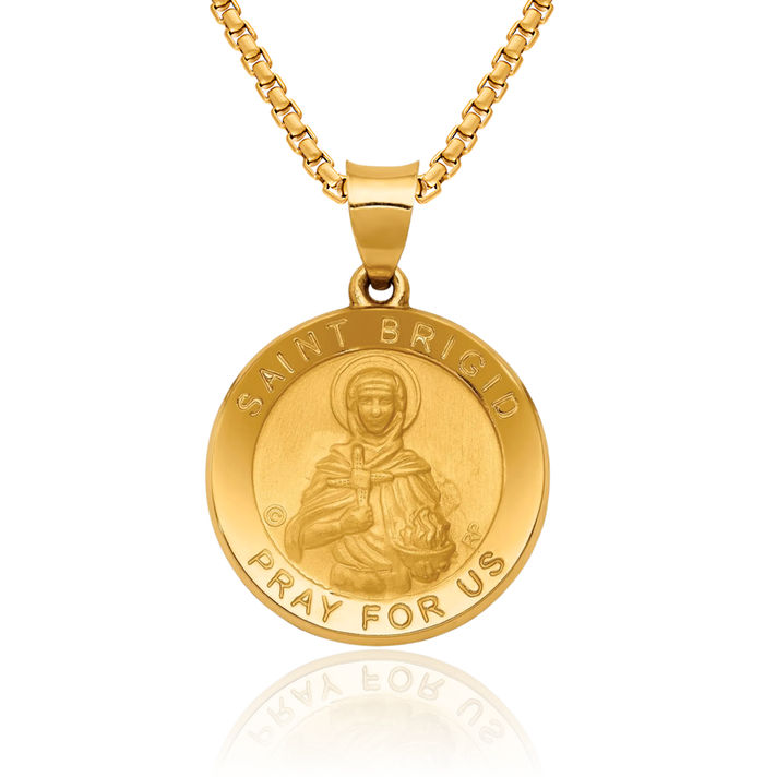 14K Solid Yellow Gold Saint Brigid Medal Necklace Chain Pendant Charm