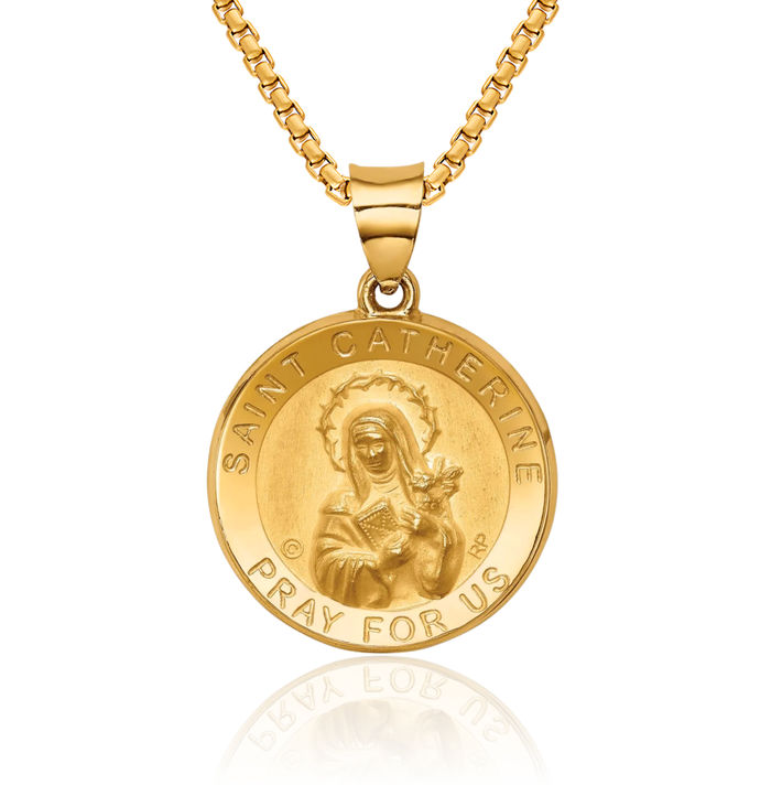 14K Solid Yellow Gold Saint Catherine Medal Necklace Chain Pendant Charm