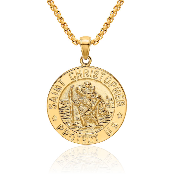 14K Solid Yellow Gold Saint Christopher Medal Coin Necklace Christian Religious Chain Pendant Faith Charm