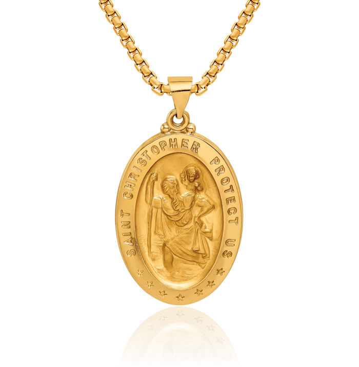 14K Solid Yellow Gold Saint Christopher Medal Patron of Travelers Athletes Protection Necklace Christian Religious Chain Pendant Faith Charm