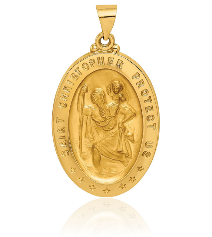 14K Solid Yellow Gold Saint Christopher Medal Patron of Travelers Athletes Protection Necklace Christian Religious Chain Pendant Faith Charm