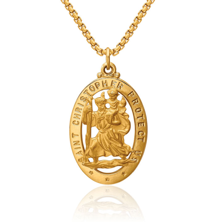 14K Solid Yellow Gold Saint Christopher Medal Patron of Travelers Athletes Protection Necklace Christian Religious Chain Pendant Faith Charm