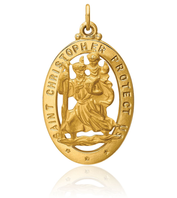 14K Solid Yellow Gold Saint Christopher Medal Patron of Travelers Athletes Protection Necklace Christian Religious Chain Pendant Faith Charm