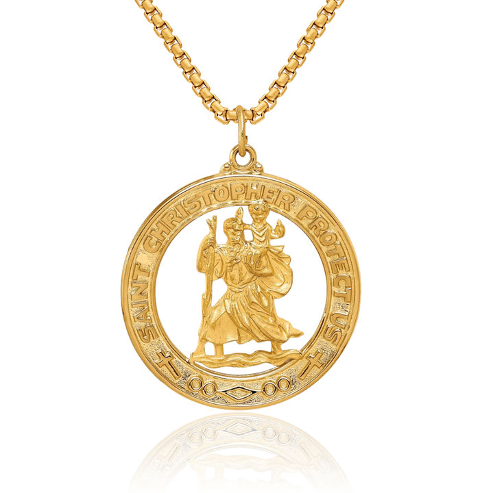 14K Solid Yellow Gold Saint Christopher Medal Patron of Travelers Athletes Protection Necklace Christian Religious Chain Pendant Faith Charm