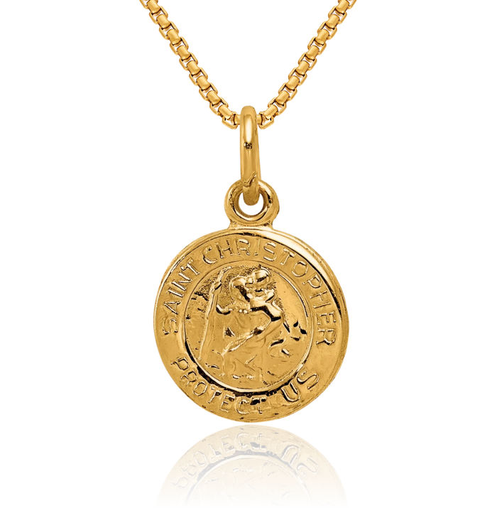 14K Solid Yellow Gold Saint Christopher Medal Patron of Travelers Athletes Protection Necklace Christian Religious Chain Pendant Faith Charm