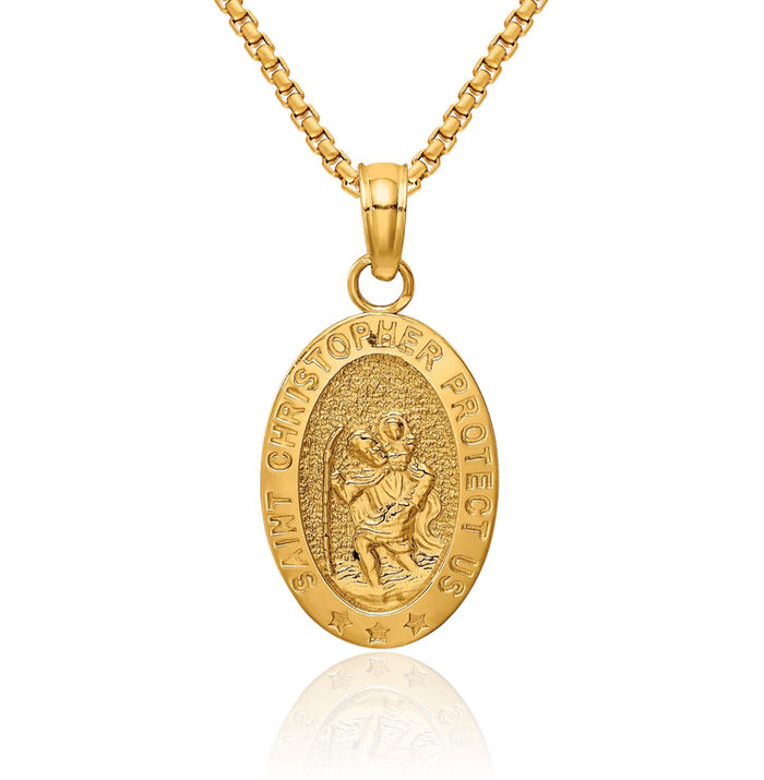 14K Solid Yellow Gold Saint Christopher Medal Patron of Travelers Athletes Protection Necklace Christian Religious Chain Pendant Faith Charm