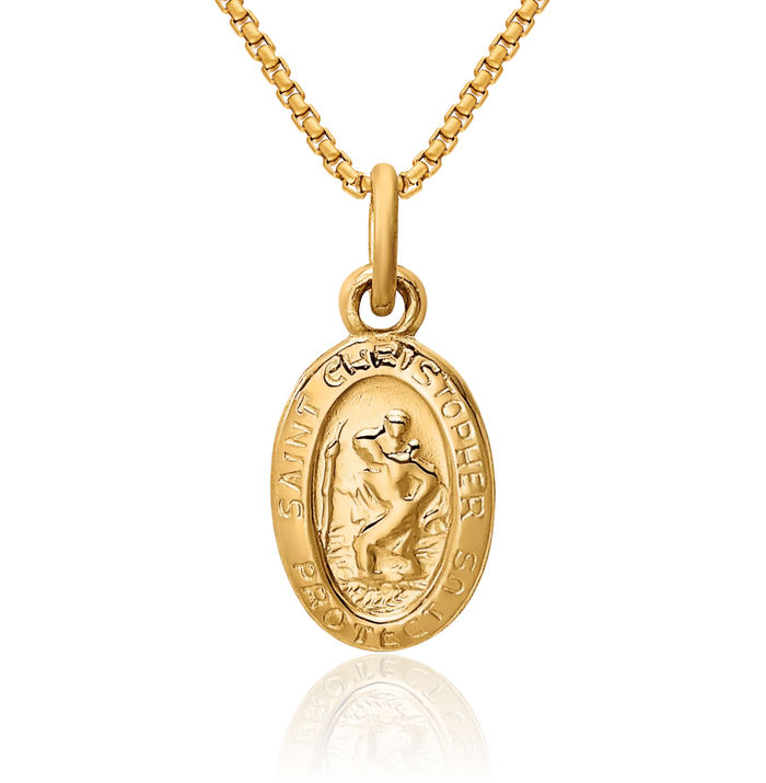 14K Solid Yellow Gold Saint Christopher Medal Patron of Travelers Athletes Protection Necklace Christian Religious Chain Pendant Faith Charm