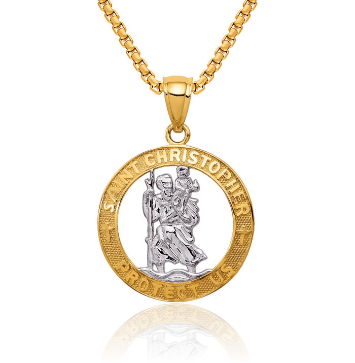 14K Solid Yellow Gold Saint Christopher Medal Patron of Travelers Athletes Protection Necklace Christian Religious Chain Pendant Faith Charm