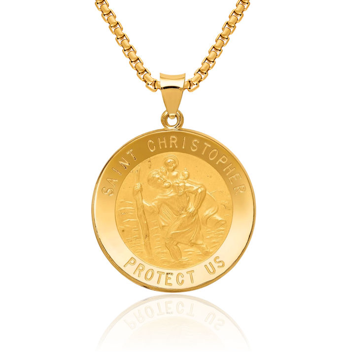 14K Solid Yellow Gold Saint Christopher Medal Patron of Travelers Athletes Protection Necklace Christian Religious Chain Pendant Faith Charm