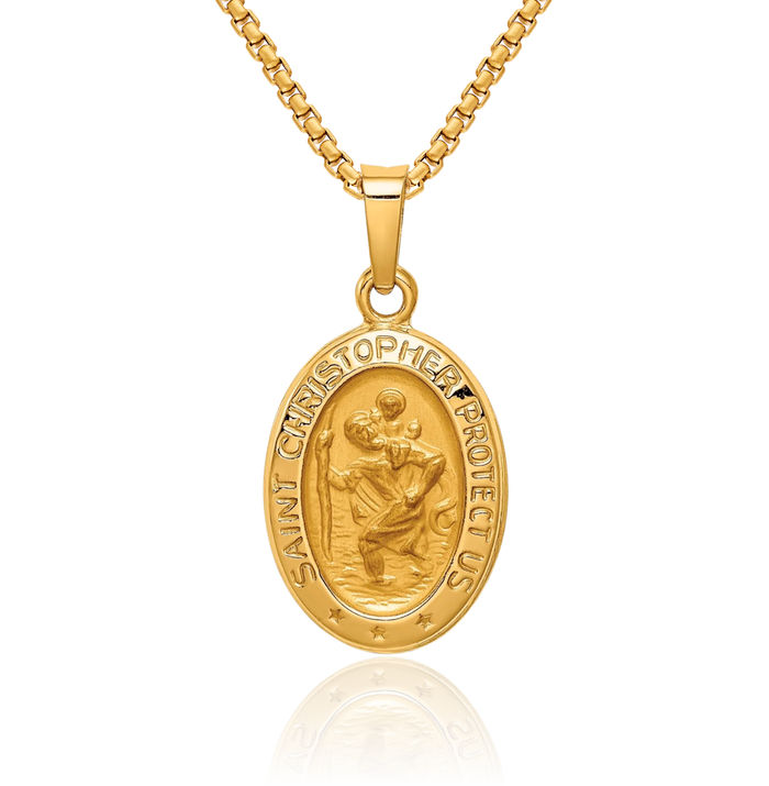 14K Solid Yellow Gold Saint Christopher Medal Patron of Travelers Athletes Protection Necklace Christian Religious Chain Pendant Faith Charm