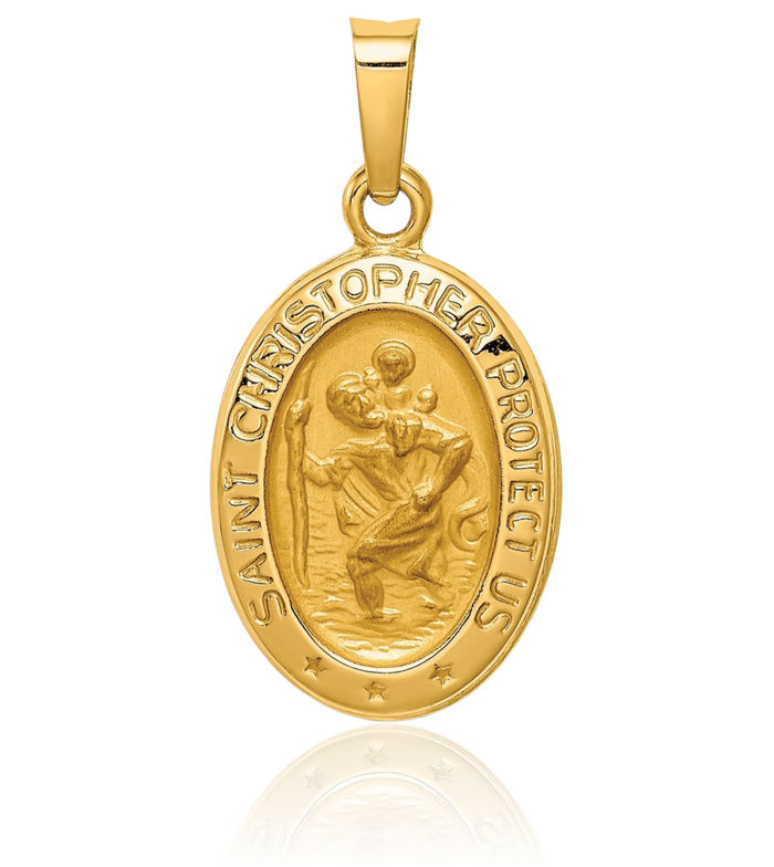 14K Solid Yellow Gold Saint Christopher Medal Patron of Travelers Athletes Protection Necklace Christian Religious Chain Pendant Faith Charm