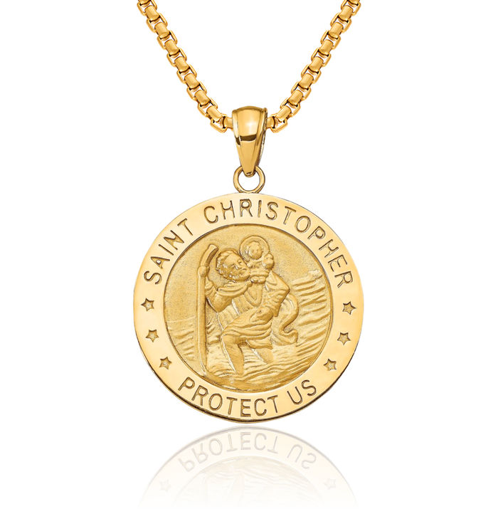 14K Solid Yellow Gold Saint Christopher Medal Patron of Travelers Athletes Protection Necklace Christian Religious Chain Pendant Faith Charm